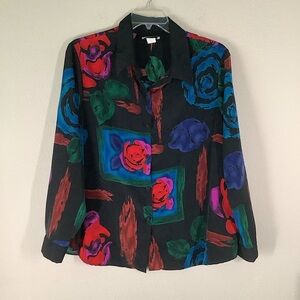 Vintage Dark Floral Button Up Blouse Long Sleeve Silky Artsy Colorful Boho 20W